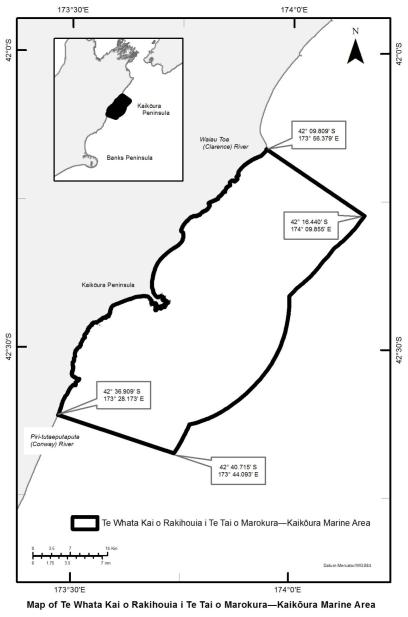 Map of Te Whata Kai o Rakihouia i Te Tai o Marokura—Kaikōura Marine Area