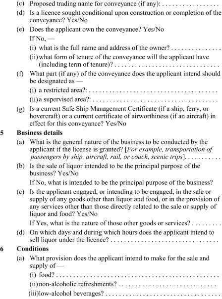 Application for on-licence (for conveyance) page 3