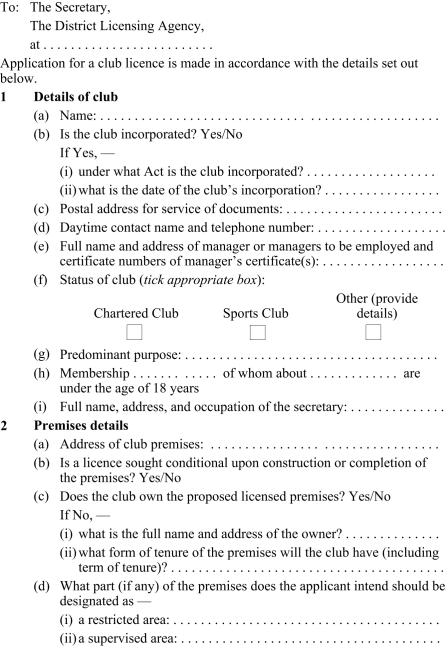 Application for club licence page 1