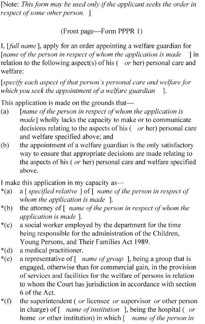 PPPR 8 Application for appointment of welfare guardian, p1. 