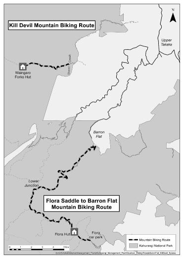 Map of Flora Saddle to Barron Flat mountain biking route and Kill Devil mountain biking route